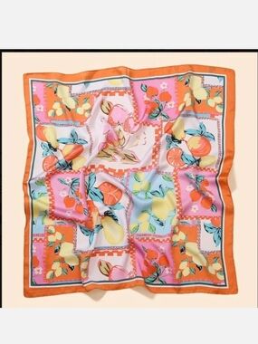 Silk-Feel Fruit Print Square Scarf - Orange & Pink
